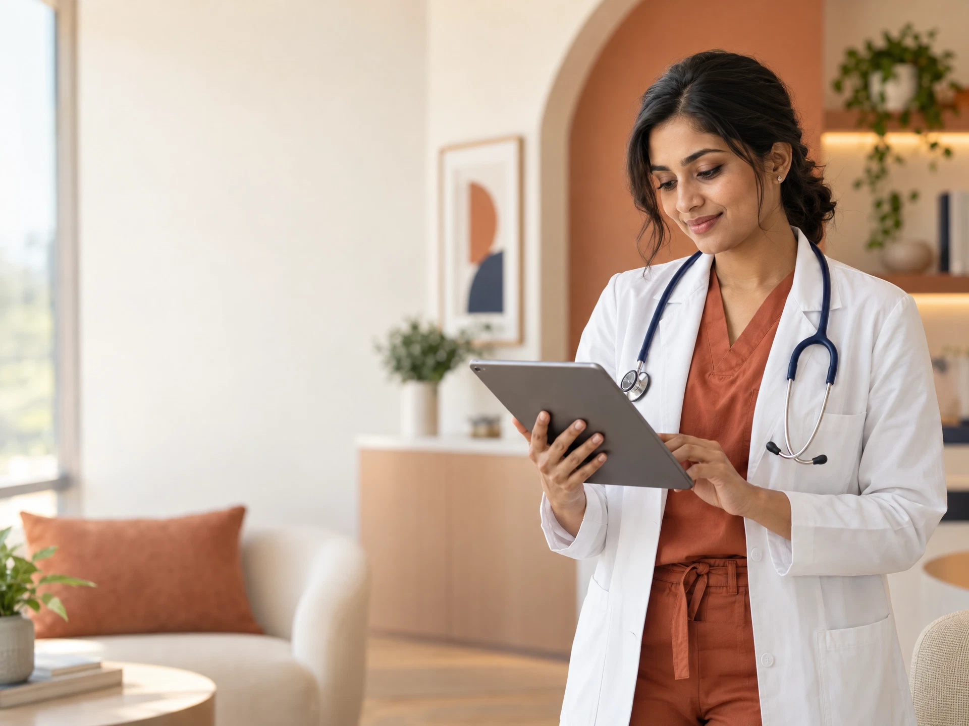 Doctor reviewing a tablet in a modern clinic
